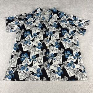 Go Barefoot Hawaiian Shirt Size Small Black White Blue Flowers